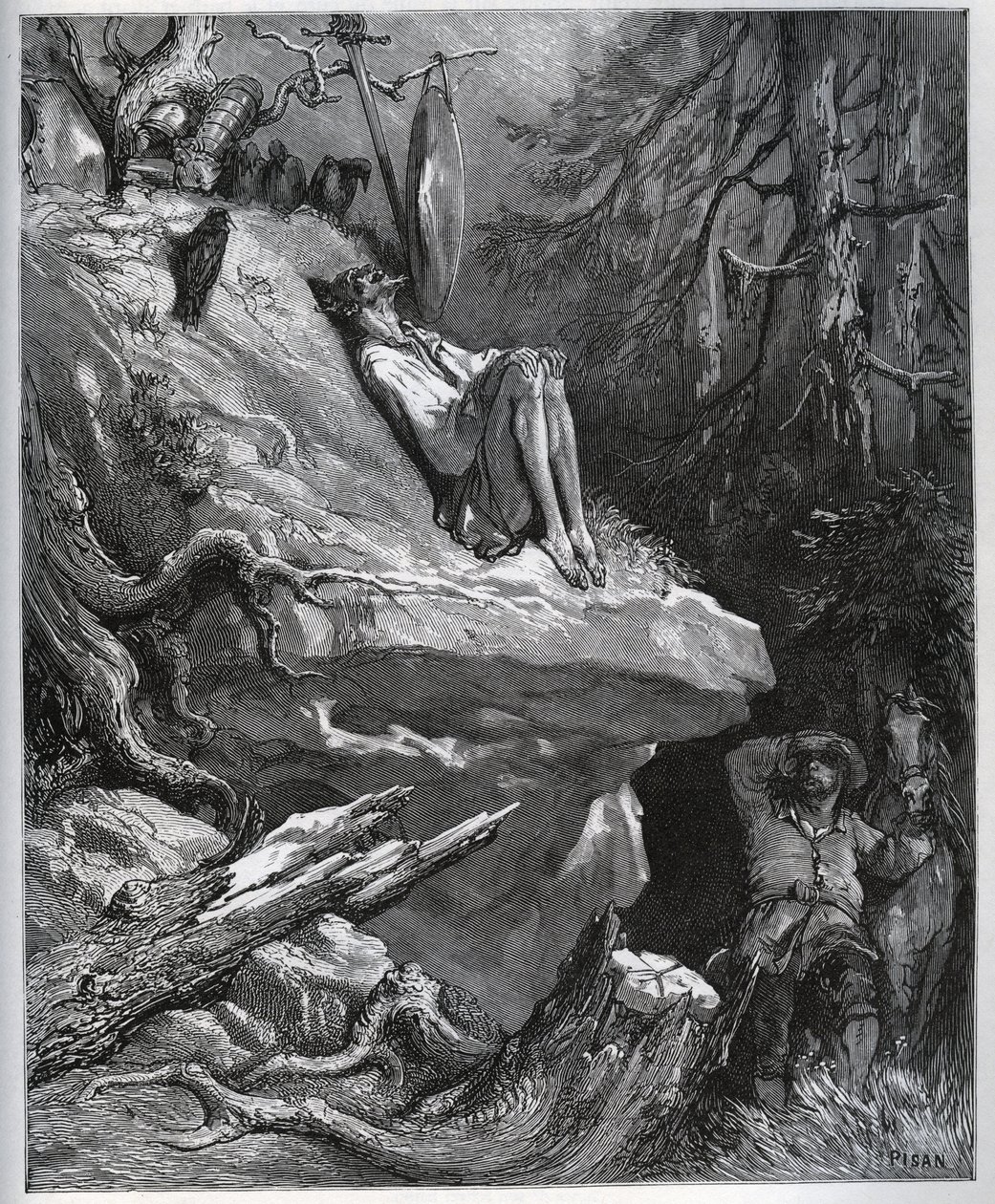 Sancho Panza najde svého pána, vždy v pokání – z „“Don Quijote de la Mancha”” od Miguela Cervantese (1547-1616) (Don Quijote) - Dřevoryt podle kresby Gustava Dore od Gustave Dore