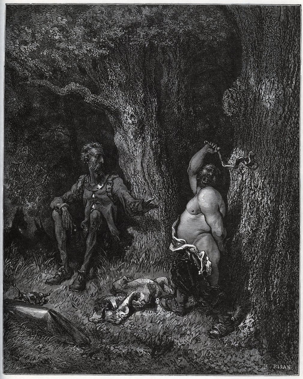 Sancho Panza letí před Donem Quijotem, aby splnil Merlinovo přání a odčaroval tak Dulcinee z Tobosa. Don Quijote na něj naléhá, aby mírnil své nadšení – z „Don Quijote de la Mancha“ od Miguela Cervantese (1547-1616) (Don Quijote) - dřevoryt od Gustave Dore