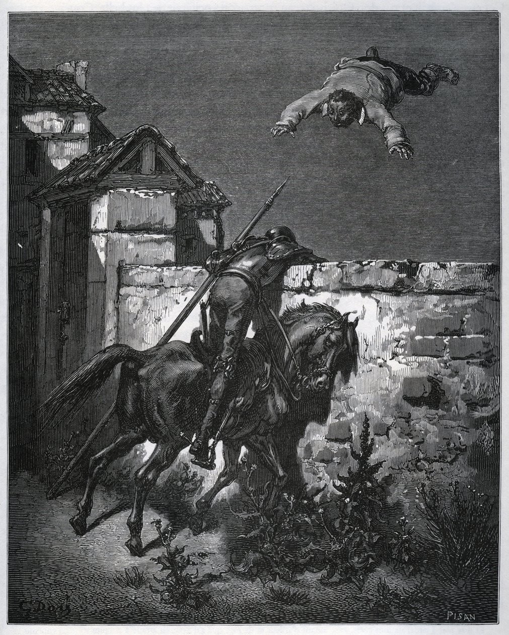 Sancho Panza se nechá zmást a Don Quijote nemůže zasáhnout – z „“Don Quijote de la Mancha”” od Miguela Cervantese (1547-1616) (Don Quijote) - Dřevoryt podle kresby Gustava Dore od Gustave Dore