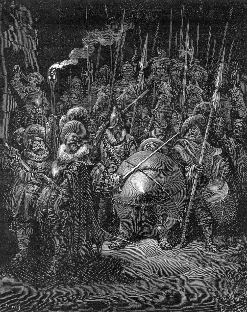 Sancho a rytíři, z „Don Quijote de la Mancha“ od Miguela Cervantese, vyryto Heliodorem Josephem Pisanem, kolem roku 1875 od Gustave Dore