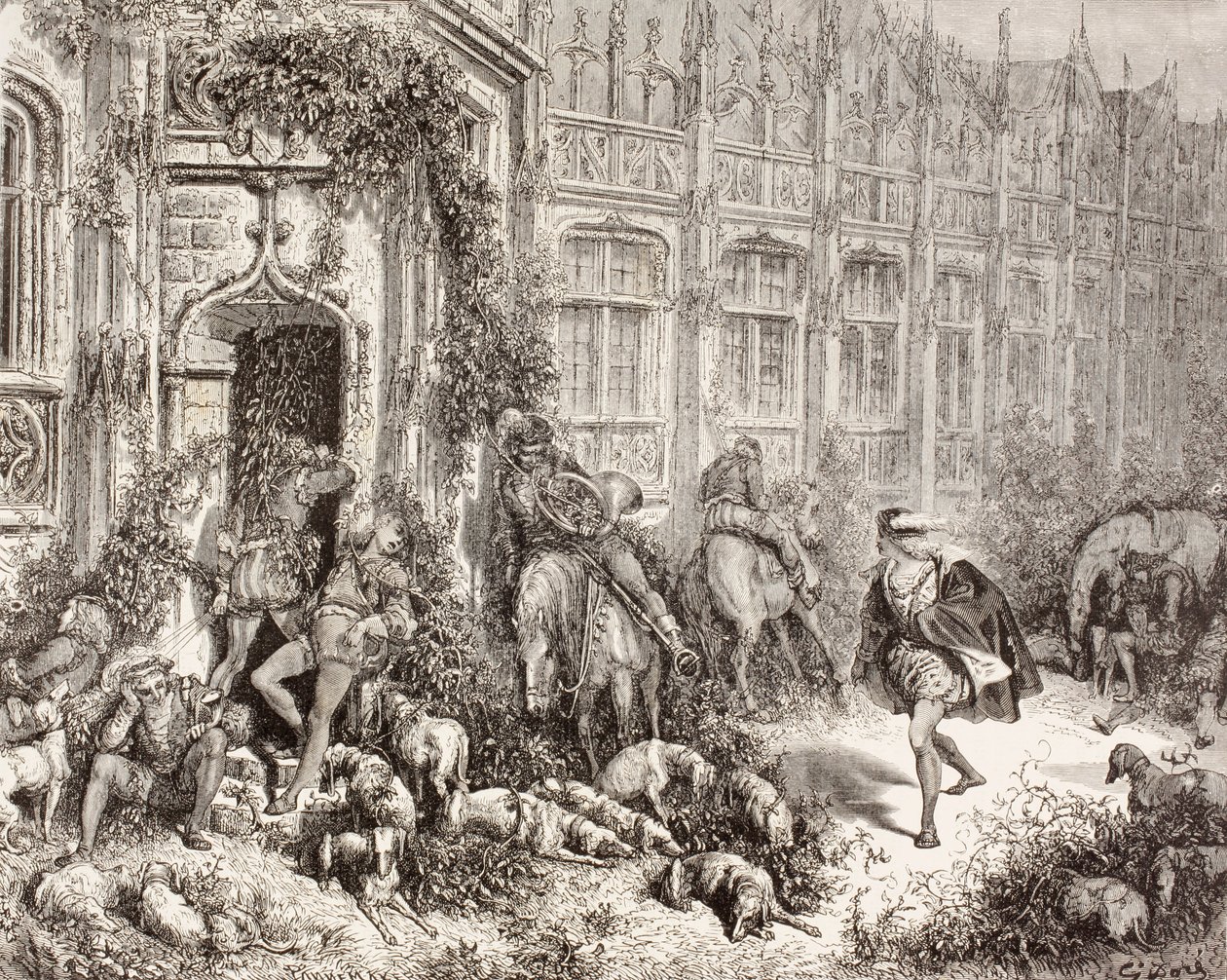 Scéna ze Šípkové Růženky od Charlese Perraulta. Z El Mundo Ilustrado, vydané Barcelona, circa 1880. od Gustave Dore