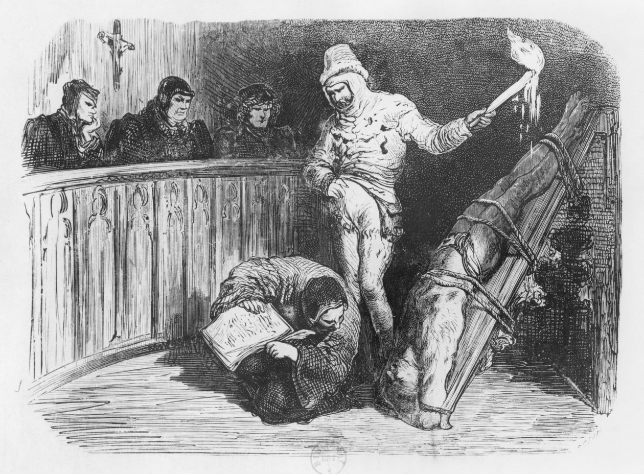 Scéna inkvizice, ilustrace z „Essais“ od Michela Eyquema de Montaigne (1533-92) (rytina) (černobílá fotografie) od Gustave Dore