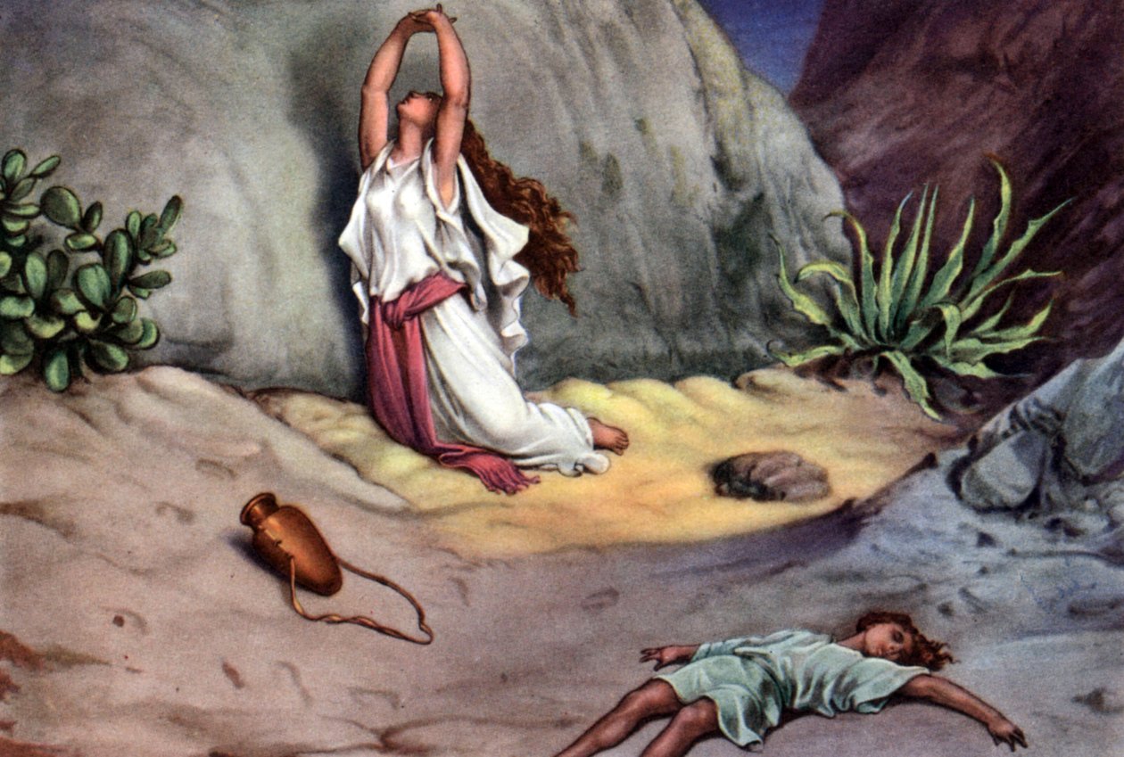 Sada biblických vzdělávacích pohlednic z 50. let , vyrobených podle výtvarného umění: zde podle "Hagar a Ismael na poušti" od Gustava Doreho. od Gustave Dore
