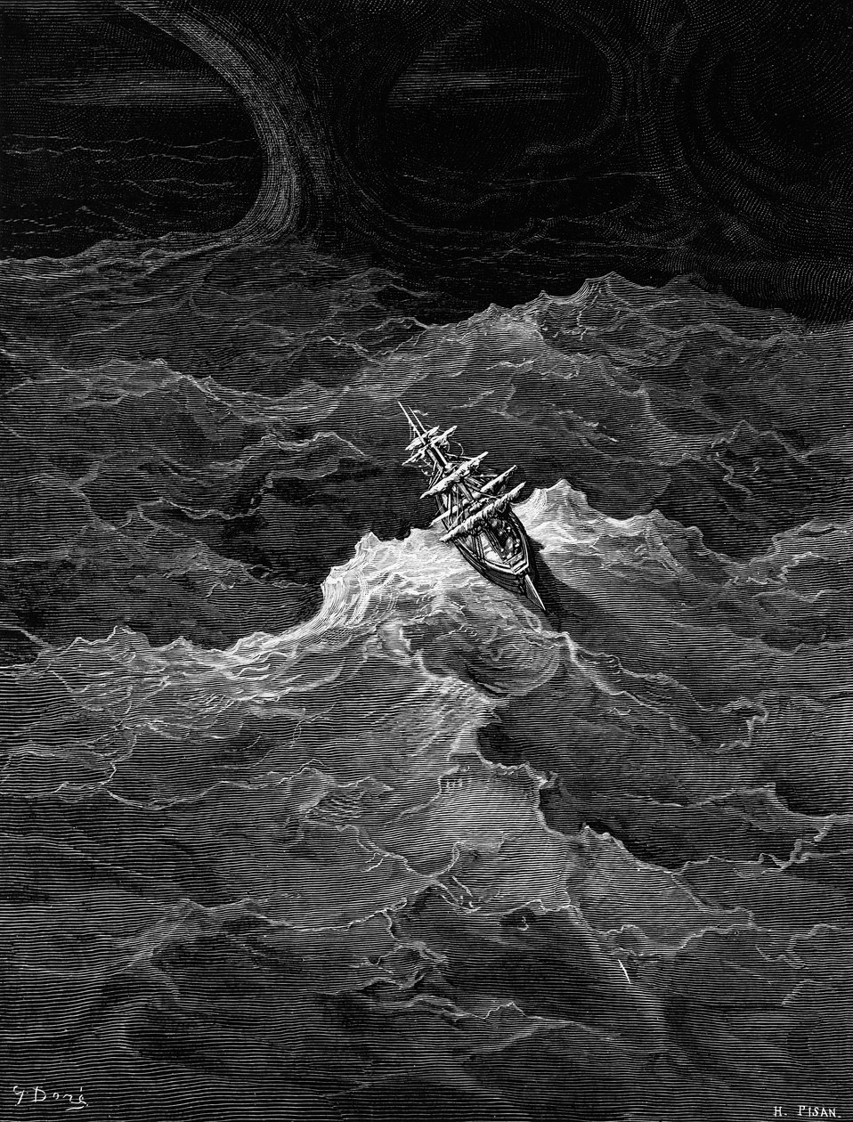 Loď v rozbouřeném moři, scéna z filmu The Rime of the Ancient Mariner od S.T. Coleridge, od S.T. Coleridge, vydal Harper und Brothers, New York, 1876 (dřevoryt) od Gustave Dore