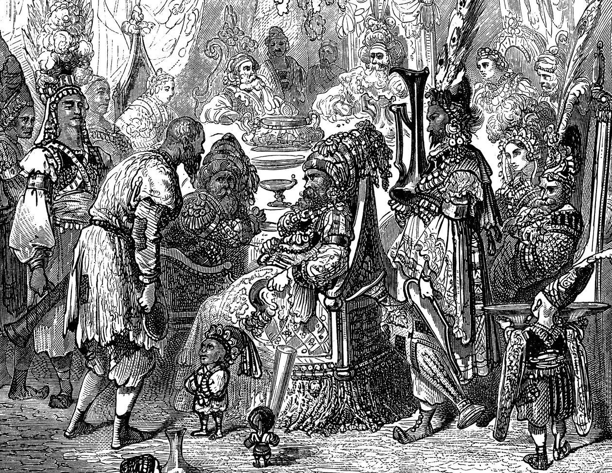 Sindibád námořník (Sindibád) - příběh tisíce a jedné (1001) noci - ilustrace Gustave Dore (detail) - Maxwellovo vydání 1865 - Prolog: chudý nosič (Hinbad) se představuje před Sindibádem, který zestárl a zbohatl. Ten mu řekne od Gustave Dore