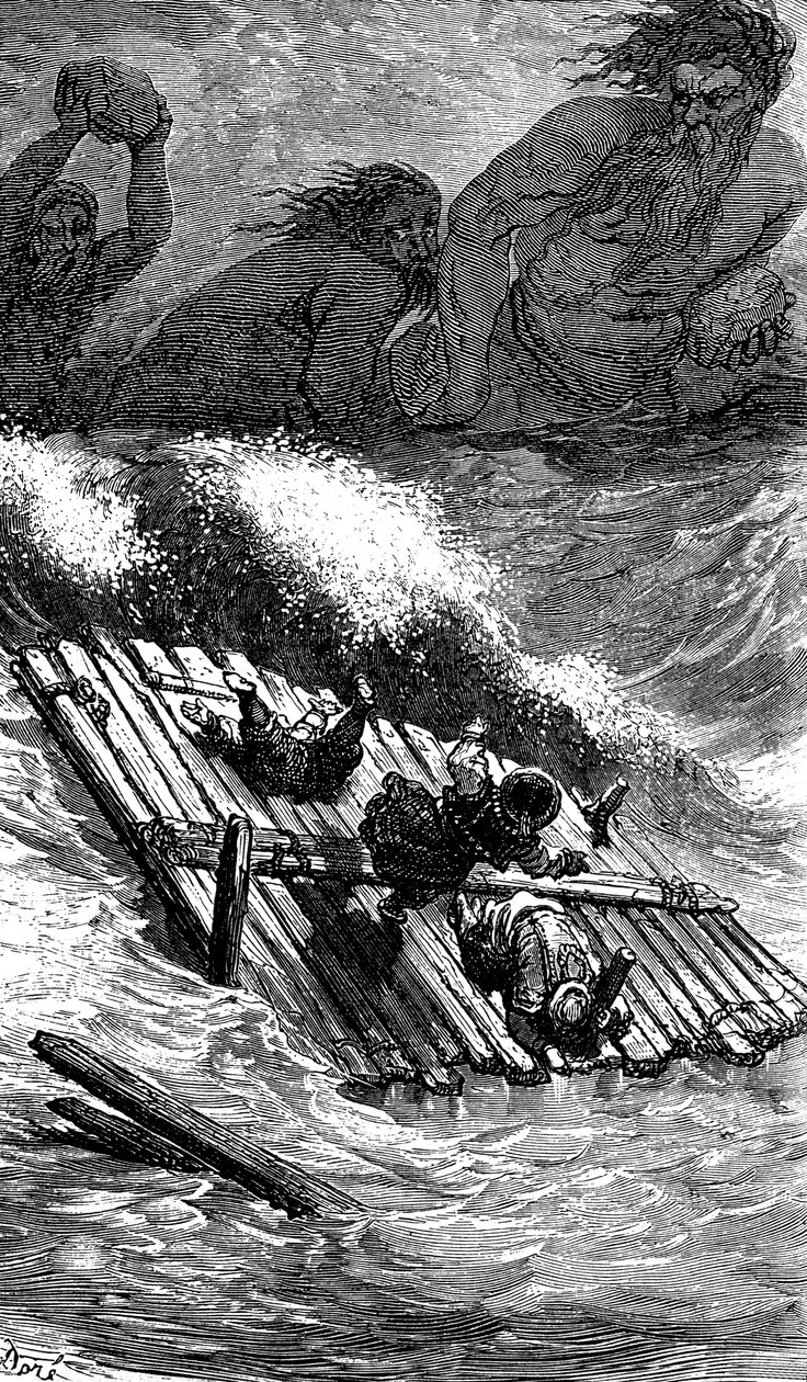 Sindibád námořník (Sindbad) - příběh tisíce a jedné (1001) noci - ilustrace Gustave Dore - Maxwellovo vydání 1865 - Třetí plavba: Sindibád a jeho společníci, kteří se vydali na moře na voru, jsou pronásledováni obry, kteří na ně házejí obrovské kameny. od Gustave Dore