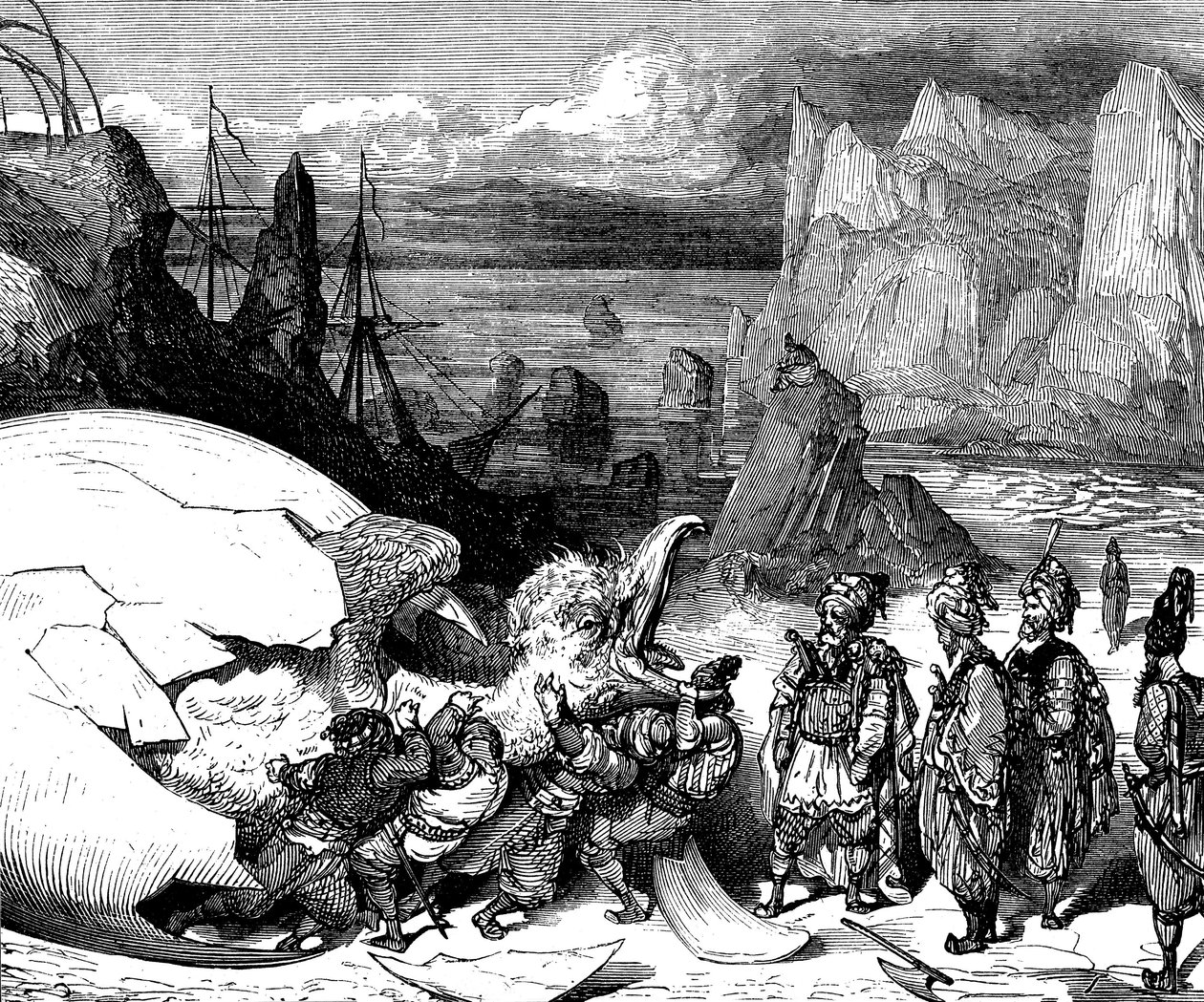 Sindibád námořník (Sindibád) - příběh tisíce a jedné (1001) noci - ilustrace Gustave Dore (detail) - Maxwellovo vydání 1865 - Pátá plavba: kupci doprovázející Sindibáda rozbíjejí skořápku obrovského vejce ptačího obra Roca, aby z něj získali od Gustave Dore