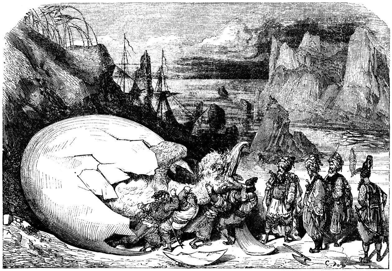 Sindibád námořník (Sindbad) - pohádka tisíce a jedné (1001) noci - ilustrace Gustave Dore - Maxwellovo vydání 1865 - Pátá plavba: kupci doprovázející Sindibáda rozbijí skořápku obrovského vejce ptačího obra Roca, aby z něj vylovili obrovské mládě. od Gustave Dore