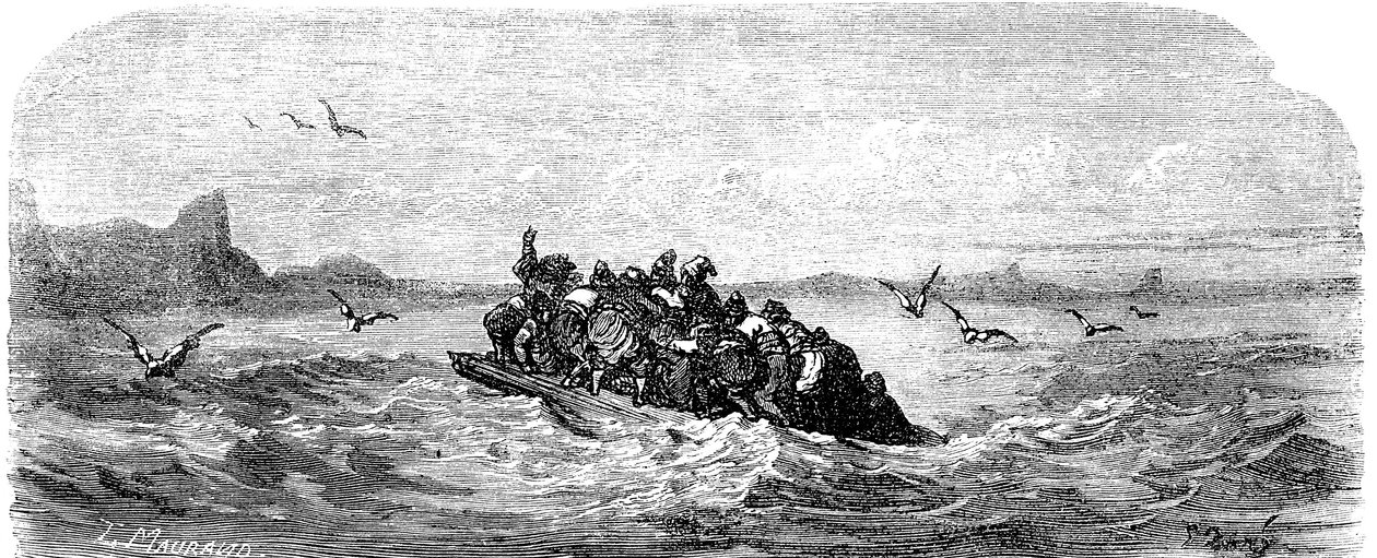 Sindibád námořník (Sindibád) - příběh tisíce a jedné (1001) noci - ilustrace Gustave Dore - vydání Maxwell 1865 - Třetí plavba: Sindibád a jeho společníci se plaví na voru od Gustave Dore