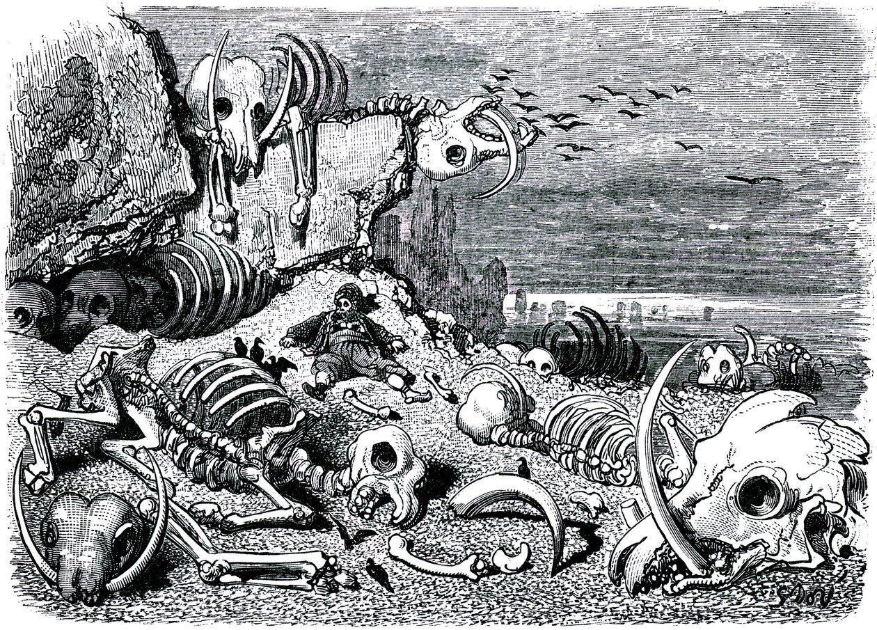 Sindibád námořník (Sindibád) - příběh tisíce a jedné (1001) noci - ilustrace Gustave Dore - vydání Maxwell 1865 - Sedmá a poslední plavba: hřbitov slonů, kde Sindibád získá obranu ze slonoviny od Gustave Dore