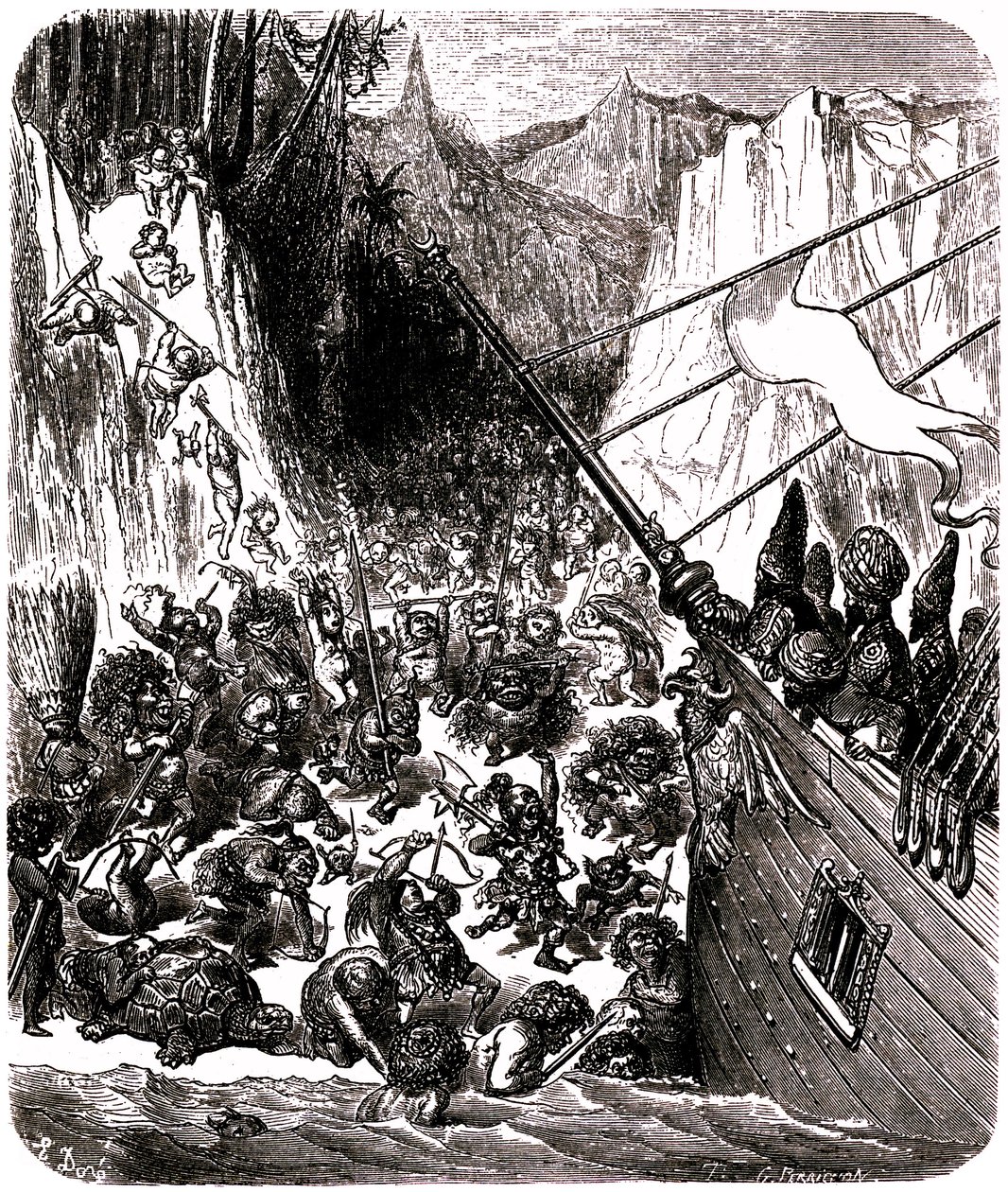 Sindibád námořník (Sindibád) - příběh tisíce a jedné (1001) noci - ilustrace Gustave Dore - Třetí plavba: bouře vrhne loď Sindibáda a jeho společníků na ostrov, kde je napadne množství malých a ohavných bytostí. od Gustave Dore