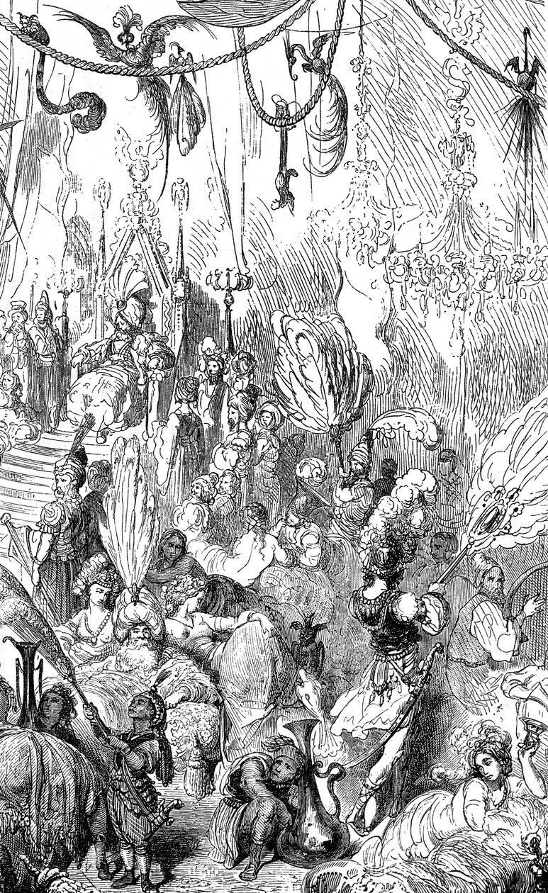 Sindibád námořník (Sindibád) - příběh tisíce a jedné (1001) noci - ilustrace Gustave Dore - Maxwellovo vydání 1865 - šestá plavba - tato rytina může představovat dvůr krále Serendibu nebo dvůr chalífy Harúna al-Rašída (Harún al-Rašíd). od Gustave Dore