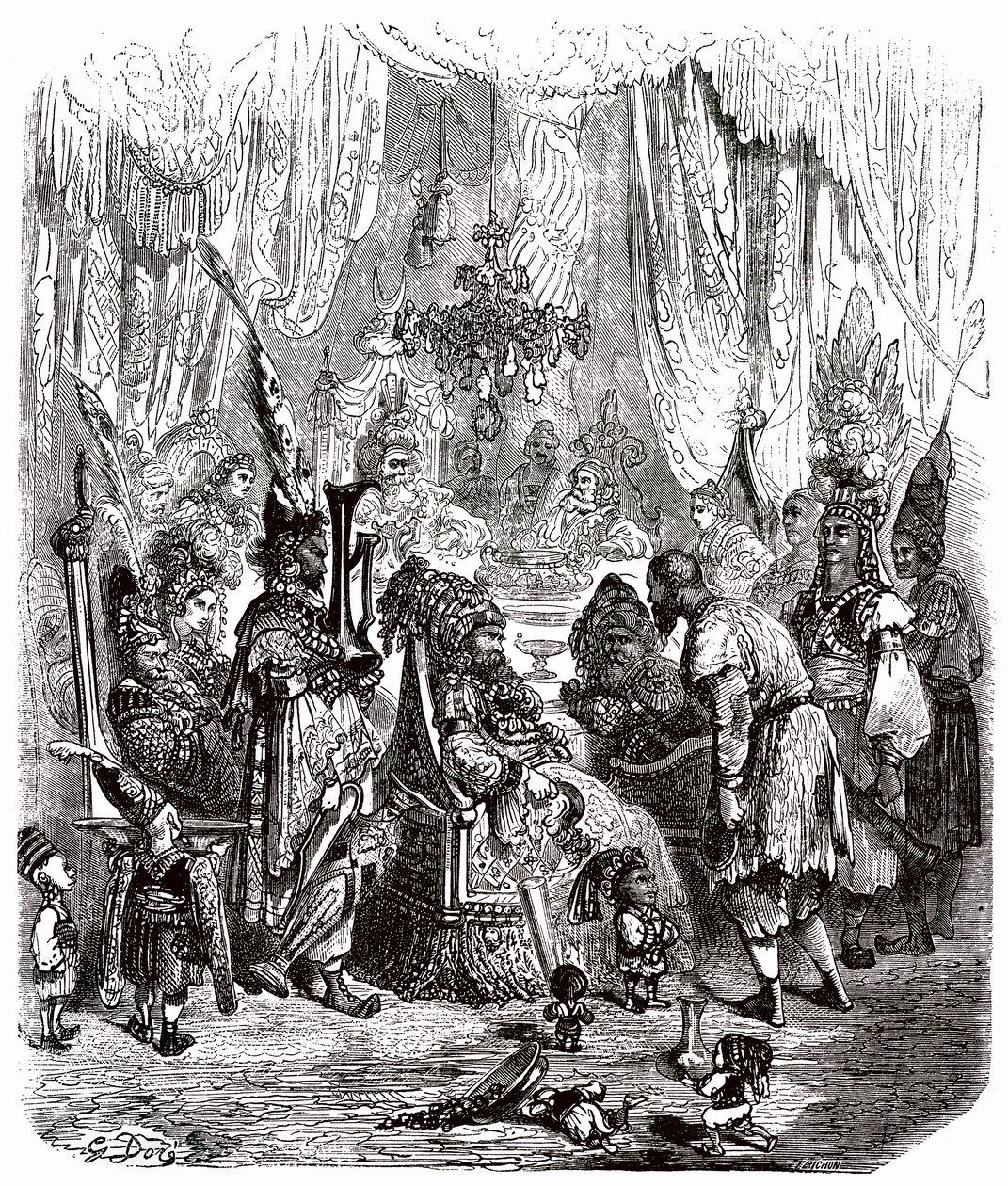Sindibád námořník (Sindibád) - příběh tisíce a jedné (1001) noci - ilustrace Gustave Dore - Maxwellovo vydání 1865 - Prolog: chudý nosič (Hinbad) se představuje před Sindibádem, který zestárl a zbohatl. Ten mu vypráví své dobrodružství od Gustave Dore