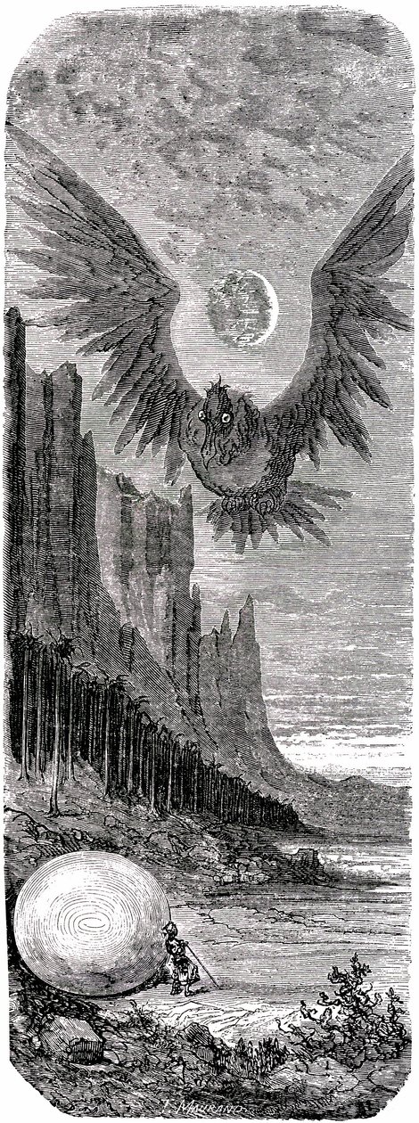 Sindibád námořník (Sindibád) - příběh tisíce a jedné (1001) noci - ilustrace Gustave Dore - vydání Maxwell 1865 - Druhá plavba: Sindibád objevil na ostrově obrovské vejce obrovského ptáka Roca, který na něj zaútočil - od Gustave Dore