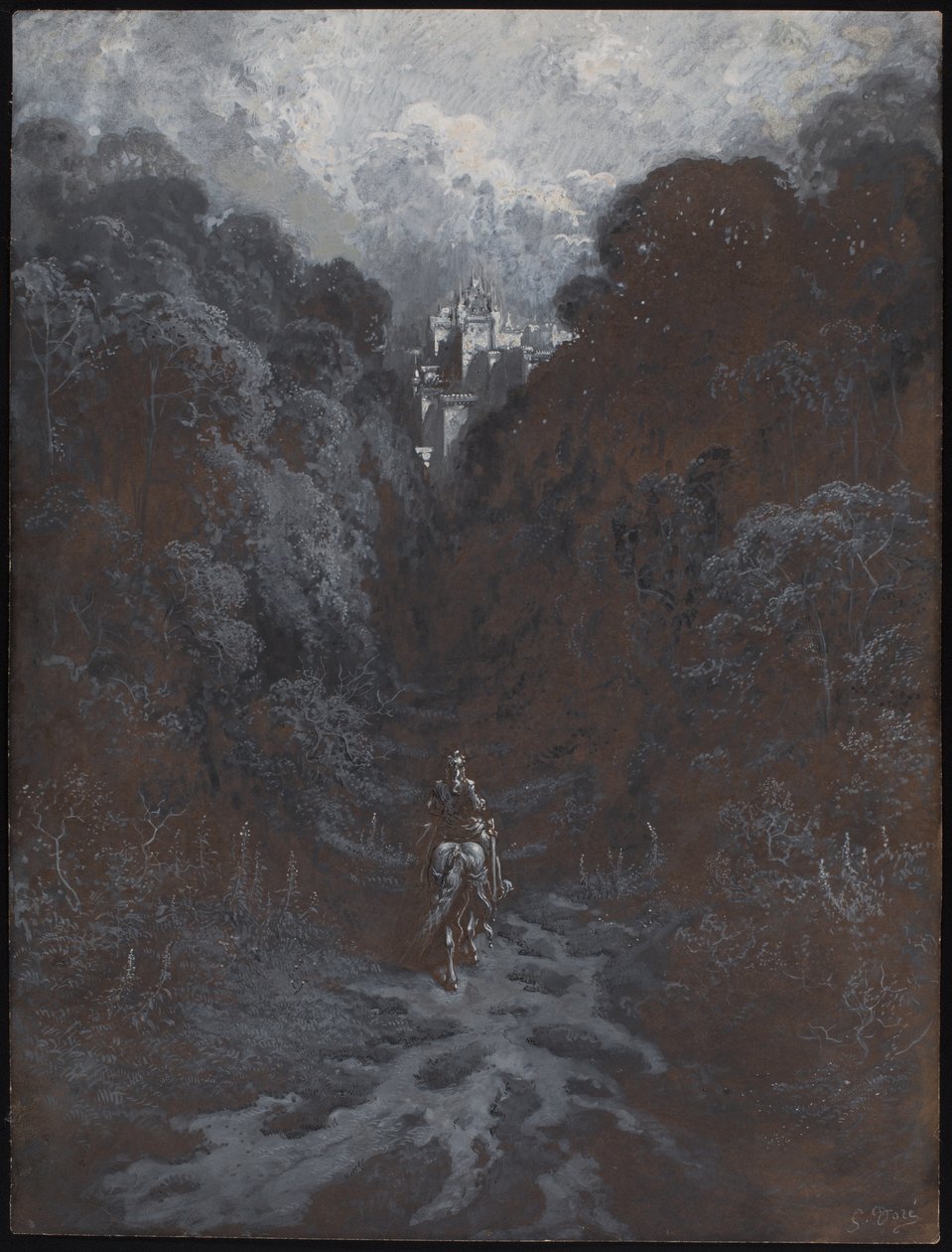 Sir Lancelot se blíží k hradu Astolat od Gustave Dore