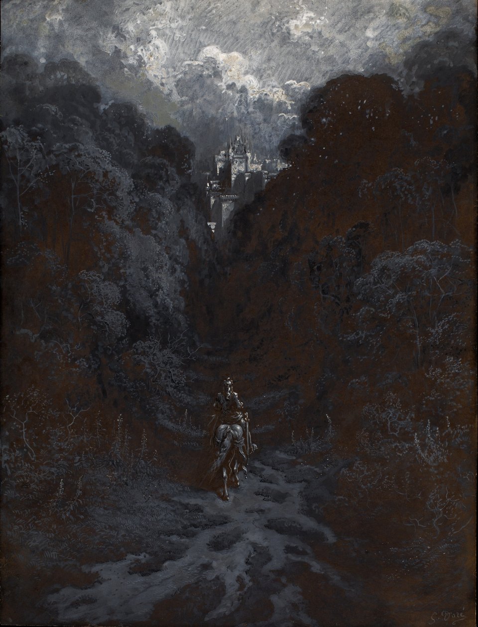 Sir Lancelot se blíží k hradu Astolat od Gustave Dore