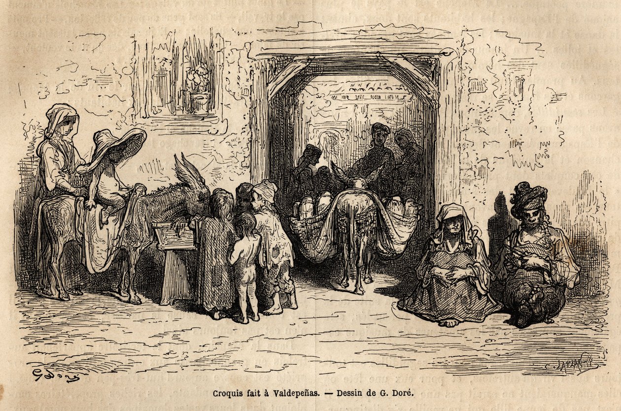 Náčrt pořízený v přímém přenosu: žebráci ve Valpadenas (Kanál). Rytina k ilustraci plavby do Španělska od Gustava Dorea (1832-1883), ilustrátora a barona Ch. Davillierův reaktor, v roce 1862, publikovaný v „Le tour du monde, nouveau journal des voyages“, p od Gustave Dore