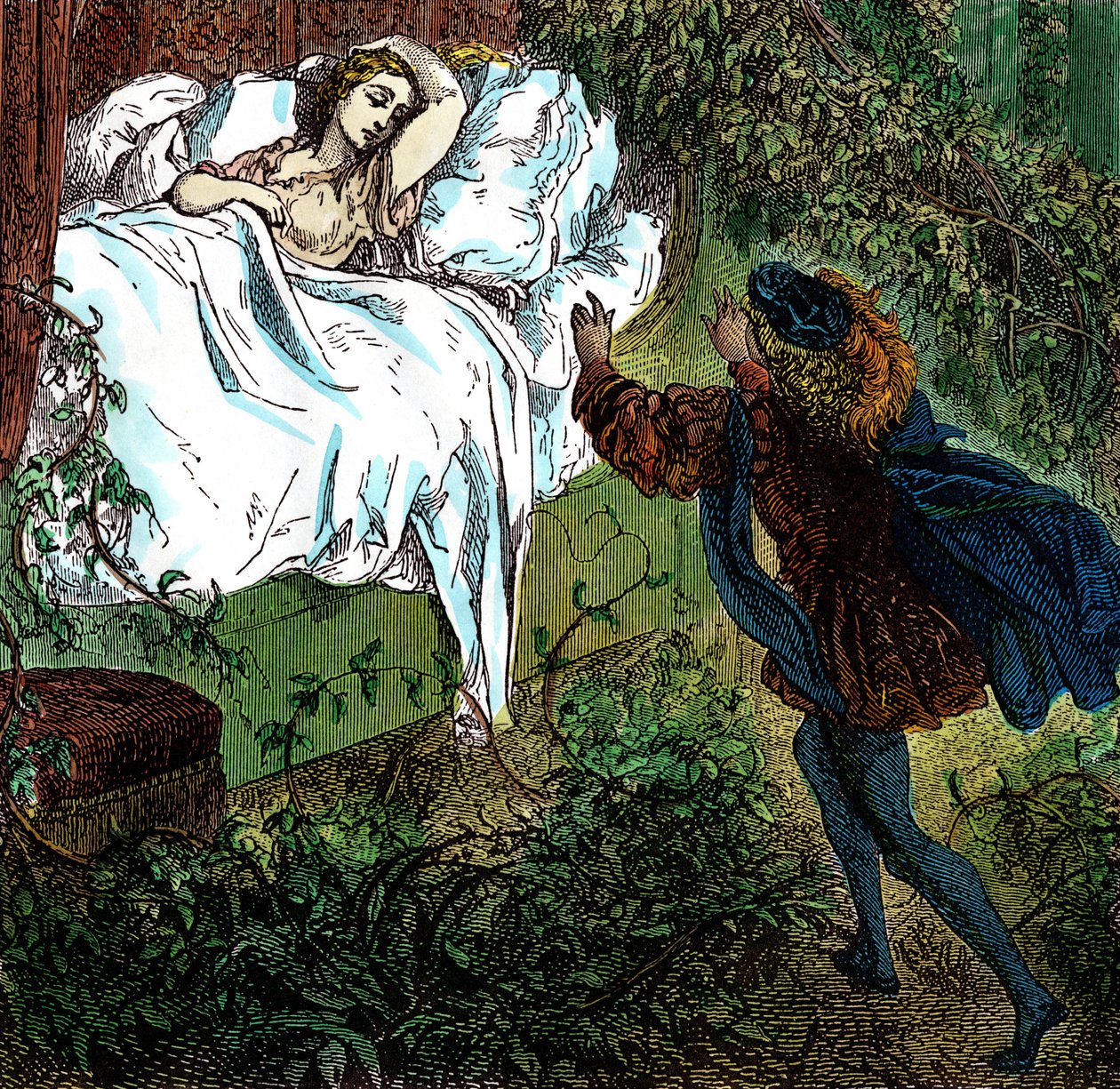 "Šípková Růženka" Princ Krasoň se blíží ke krásné spící princezně. Rytina Gustava Doreho (1832-1883) k pohádkám Charlese Perraulta (1628-1703). od Gustave Dore