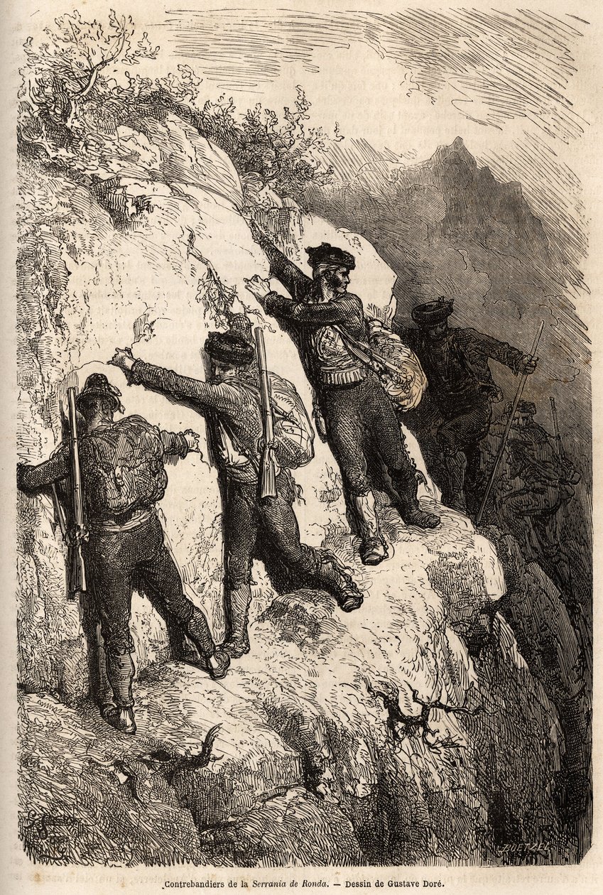 Pašeráci ze Serrania de Ronda. Kresba Gustava Dorea (1832-1883) pro ilustraci jeho cesty do Španělska v roce 1862 s Ch. Davillier. Rytina v „“Le tour du monde““, editoval Edouard Charton od Gustave Dore