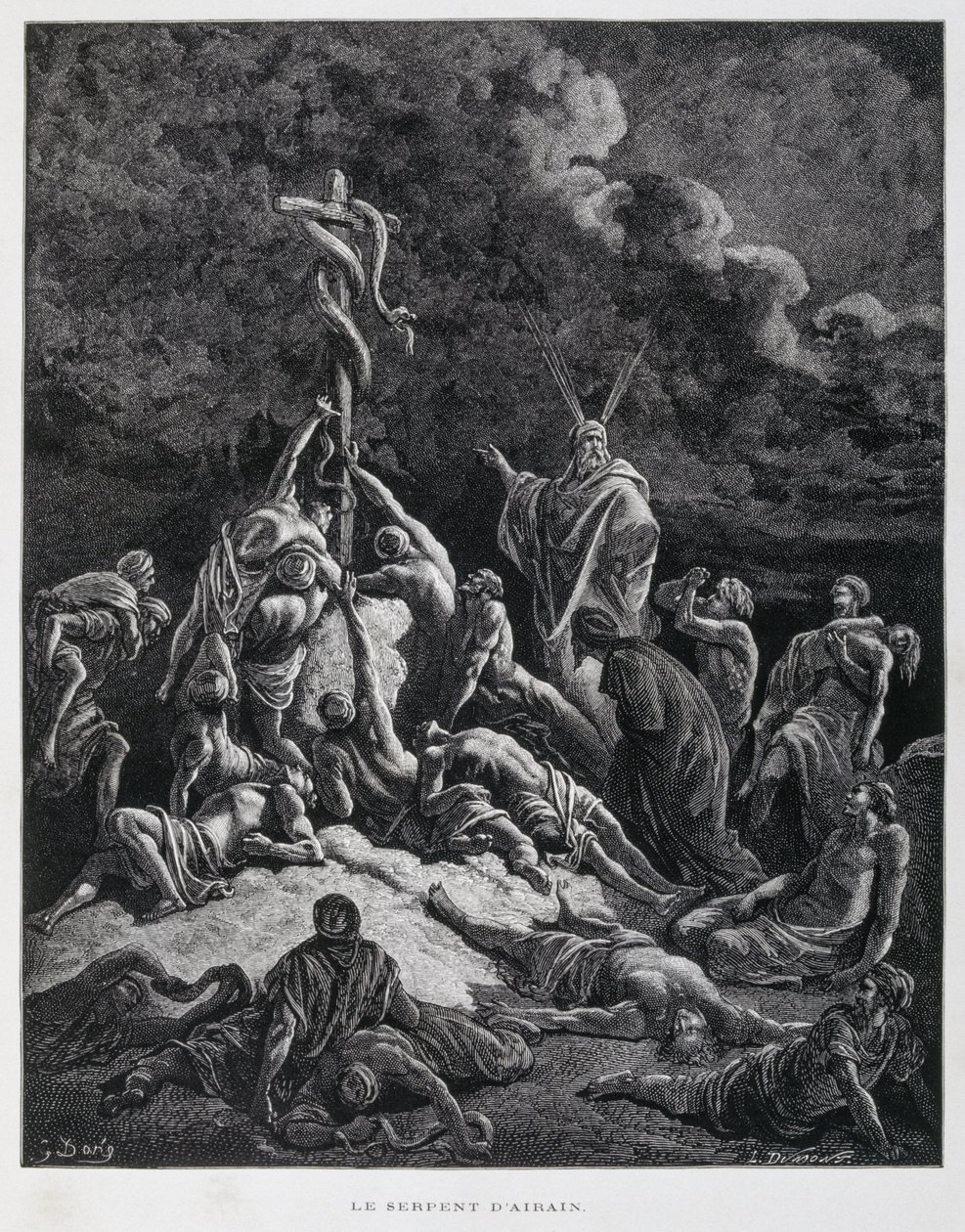 Mojžíš tedy vyrobil bronzového hada a pověsil ho na kůl. Numeri 21:7, ilustrace z Bible Doreho od Gustave Dore