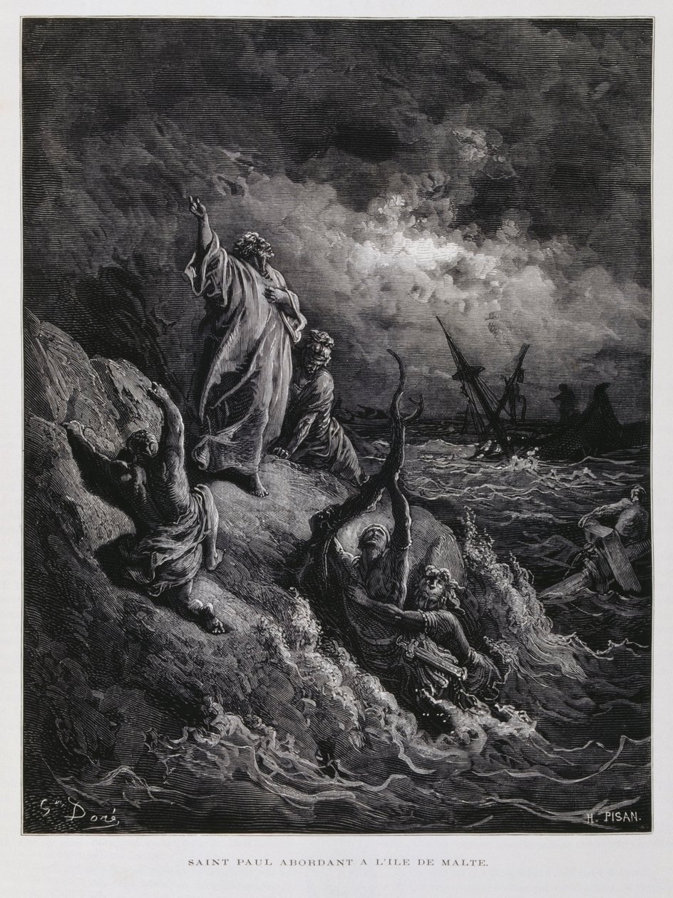Přistání svatého Pavla na Maltě, ilustrace z Doreho bible od Gustave Dore