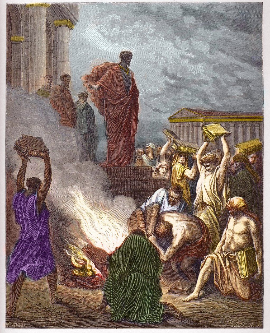 St Paul at Ephesus - Saint Paul a Ephese - Předpověď svatého Pavla Ephese. Židé, kteří se zabývali exorcismem, knihy pálí - - rytina v „The Bible illustree“ od Gustava Dore (1832-1883) - rytina z „“The Dore Bible““ od Gustave Dore