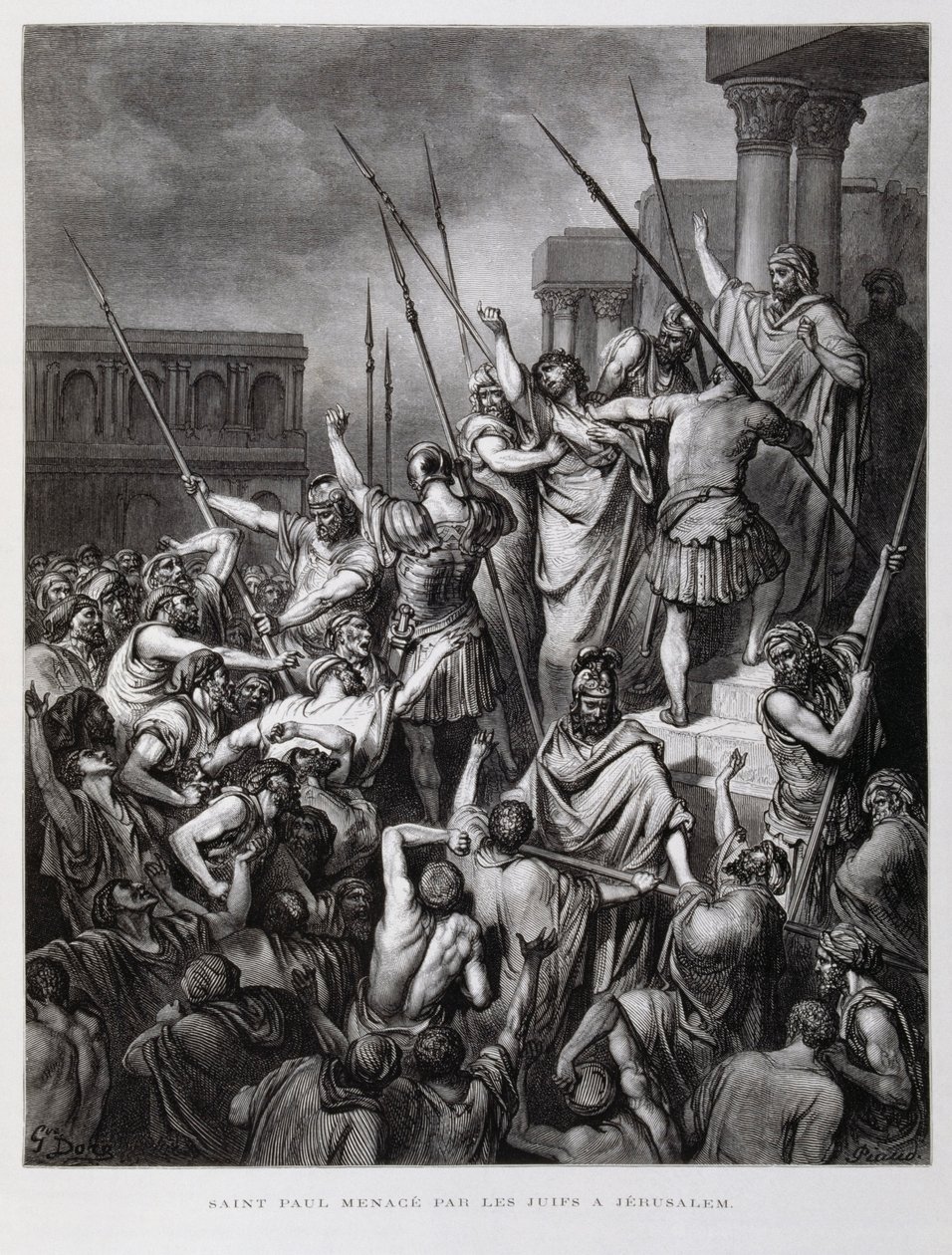 Svatý Pavel napaden jeruzalémskými Židy, Ilustrace z Doreho bible od Gustave Dore