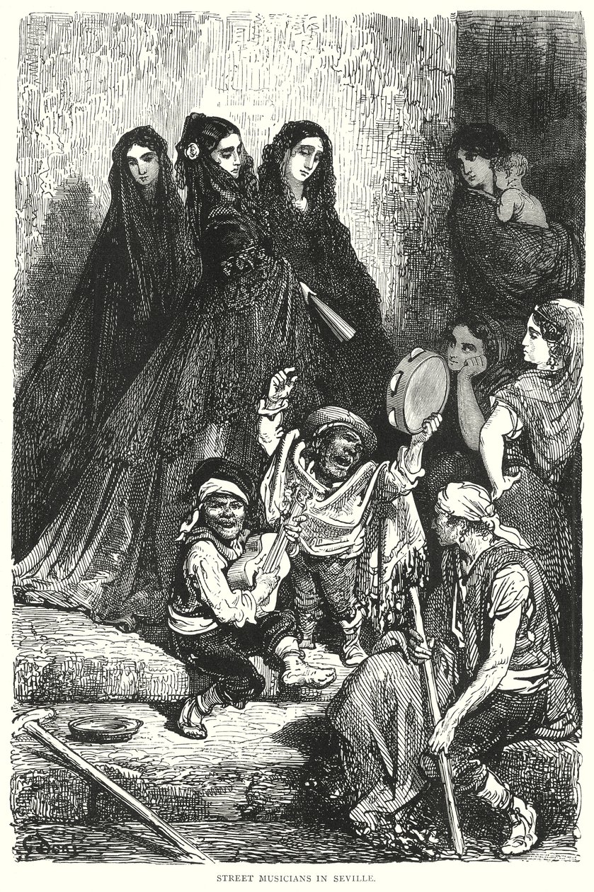 Pouliční hudebníci v Seville (rytina) od Gustave Dore