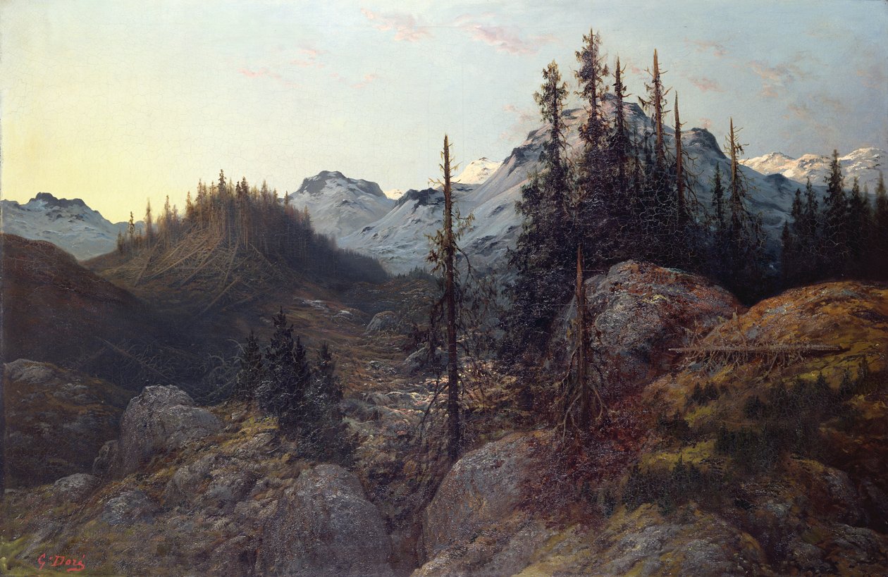Východ slunce v Alpách (olej na plátně) od Gustave Dore