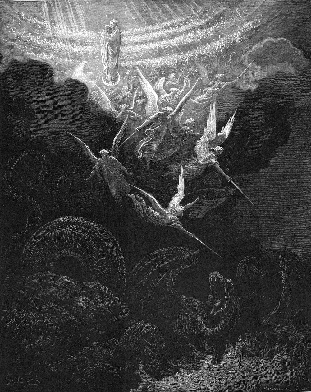 Archanděl Michael a jeho andělé bojující s drakem, 1865-1866 od Gustave Dore