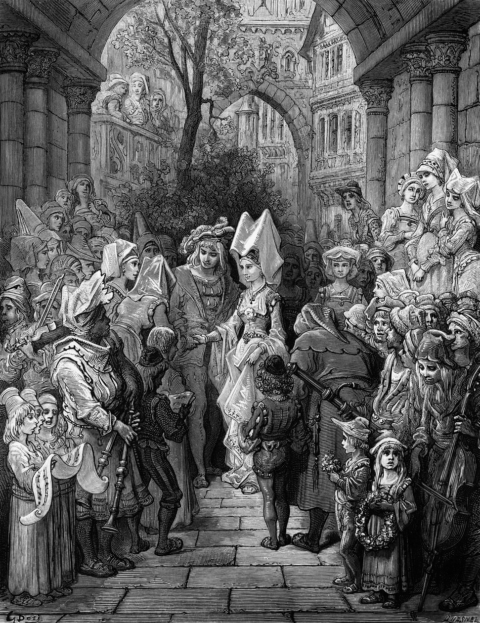 Nevěsta a ženich vstupující do sálu, scéna z filmu The Rime of the Ancient Mariner od S.T. Coleridge, vydal Harper und Brothers, New York, 1876 (dřevoryt) od Gustave Dore