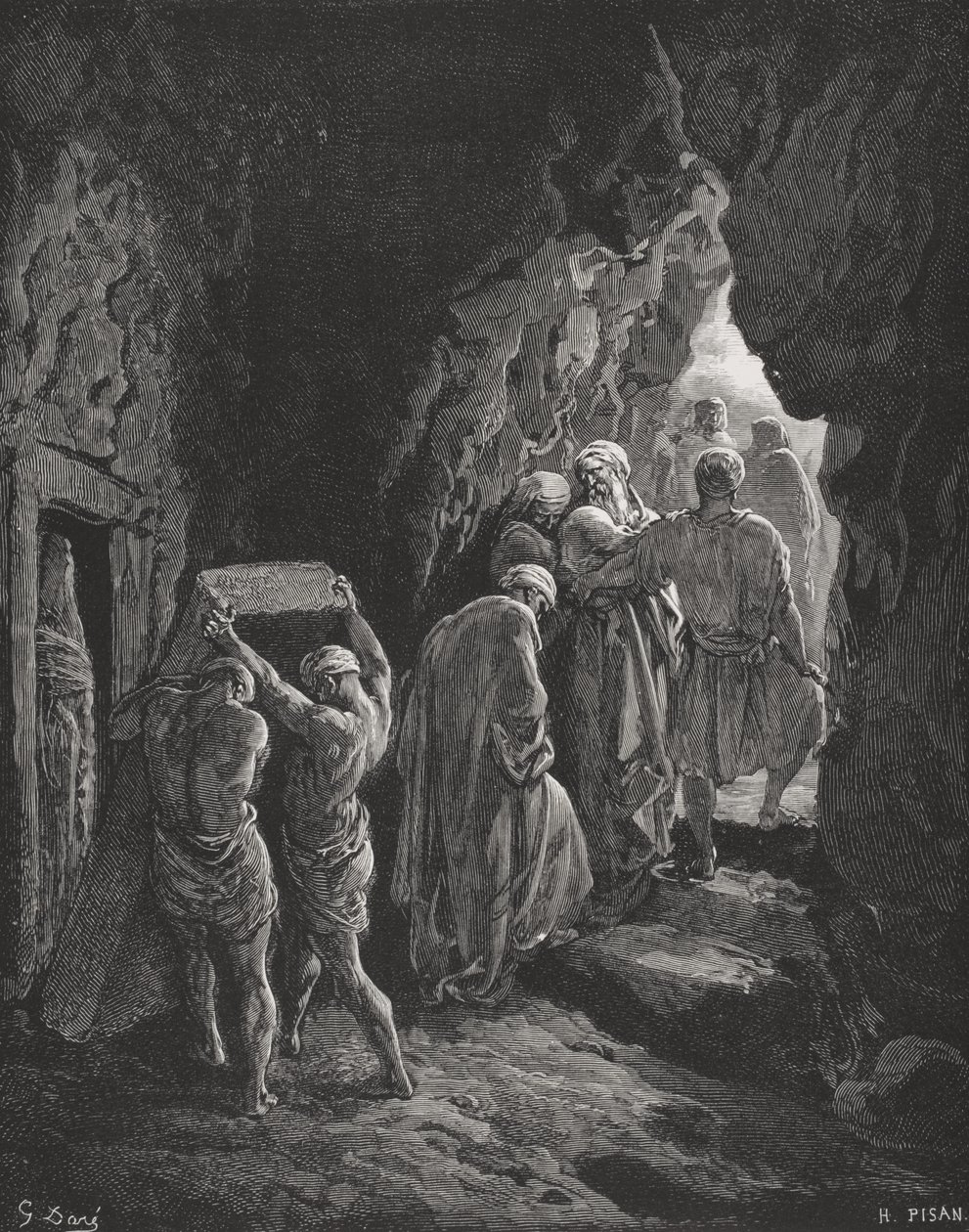 Pohřeb Sarah, ilustrace z Doreovy „Svaté bible“, vyryl Pisan, 1866 od Gustave Dore