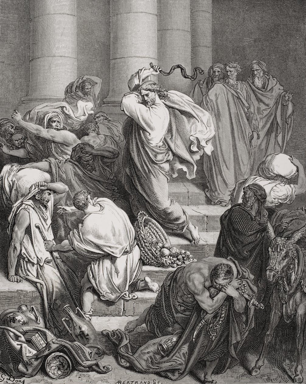 Kupci a prodávající vyhnáni z chrámu, Lukáš 19:45–46, ilustrace z Doreovy „Svaté bible“, vyryté Bertrandsem, 1866 od Gustave Dore