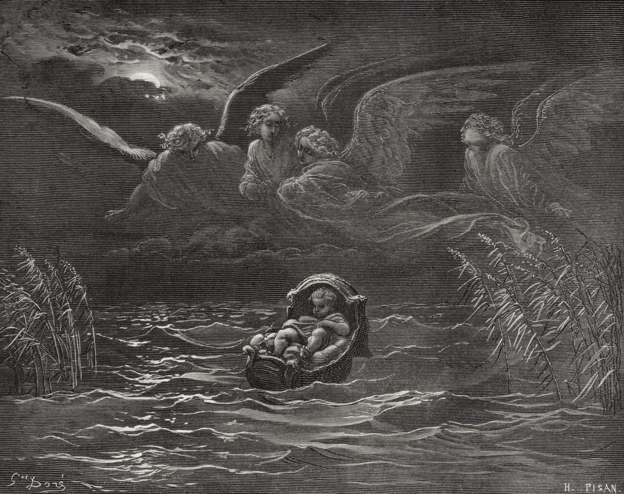 Dítě Mojžíš na Nilu, Exodus 2:1-4, ilustrace z Doreovy 