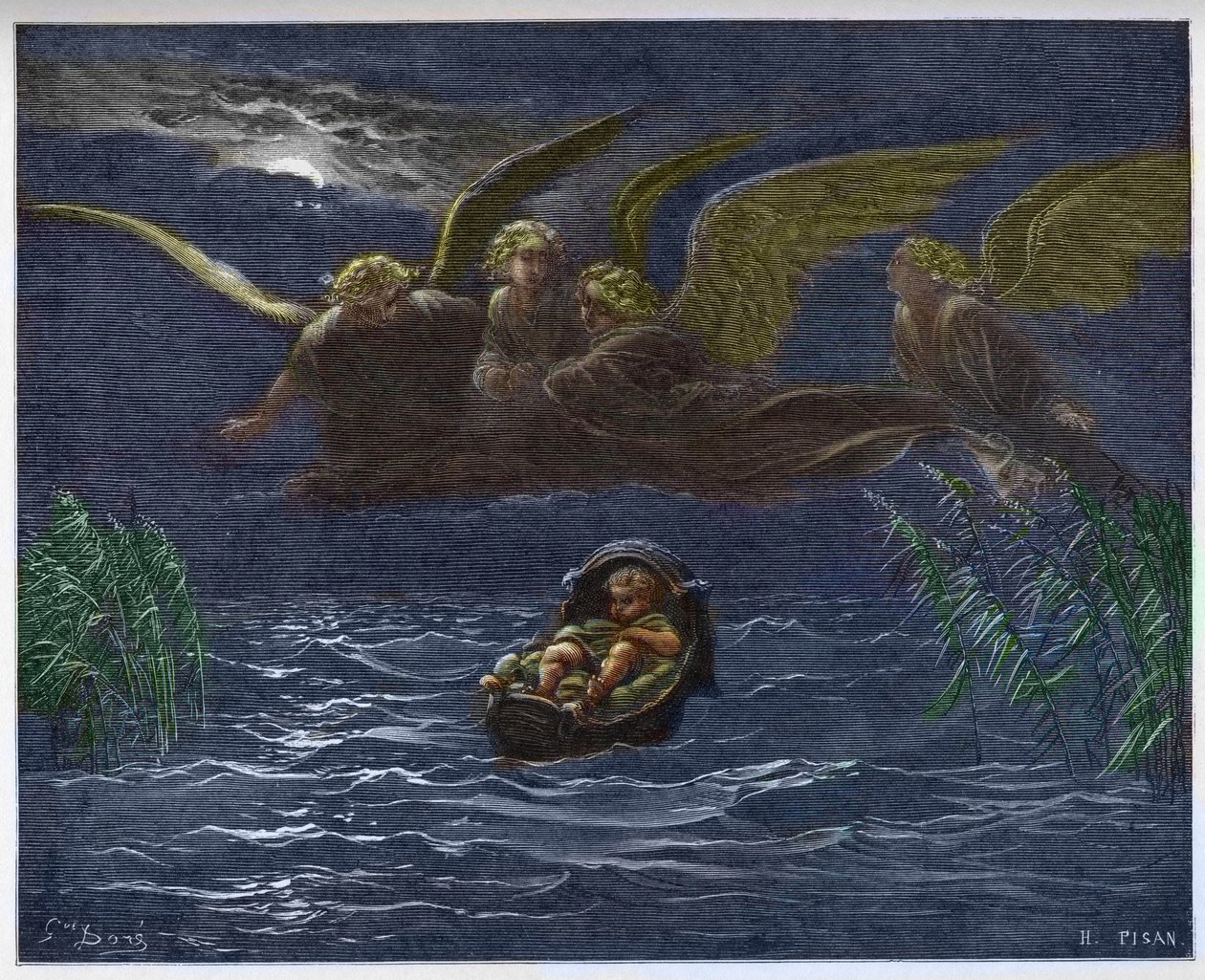 Dítě Mojžíš na Nilu obklopené anděly strážnými - od Gustave Dore