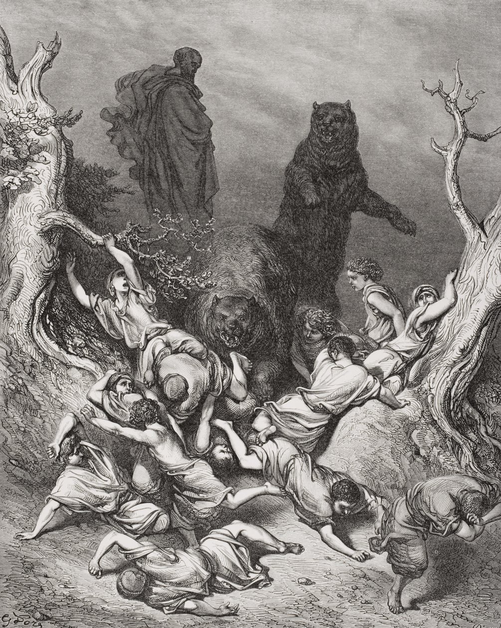 The Children Destroyed by Bears, ilustrace z Doreovy „The Holy Bible“, 1866 od Gustave Dore