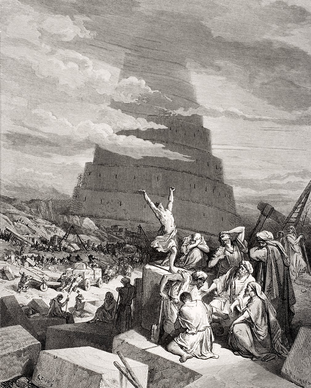 Zmatek jazyků, Genesis 11:7-9, ilustrace z Doreovy „Svaté bible“, vyryl Maurand, 1866 (rytina) od Gustave Dore