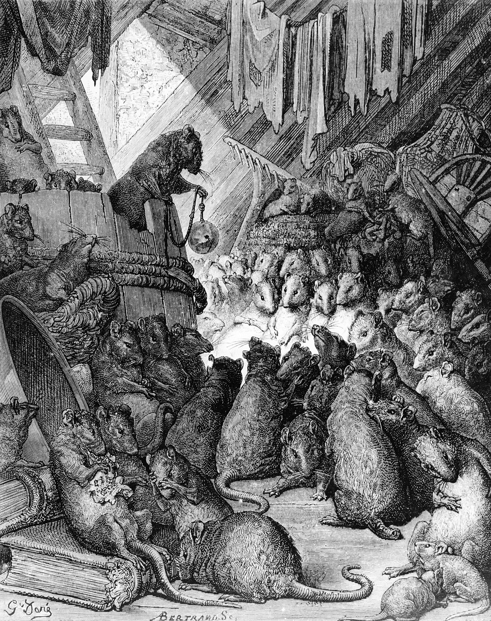 Rada pořádaná krysami, z Bajek La Fontaine, vyryla Antoine Valerie Bertrand (nar. 1823) kolem roku 1868 od Gustave Dore