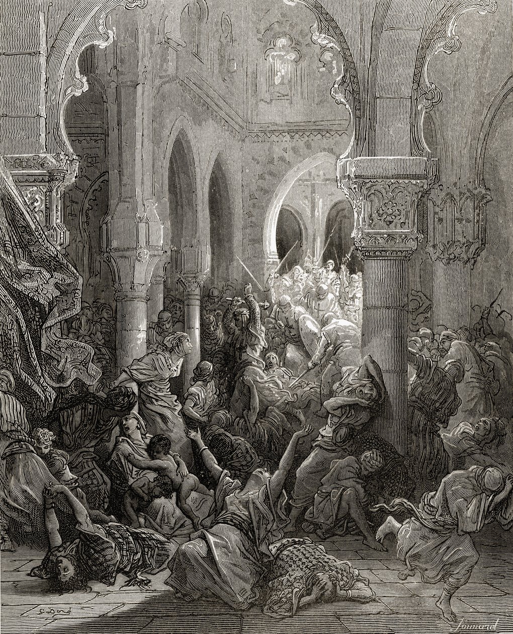 Křižáci masakrují obyvatele Caesareje, ilustrace z 