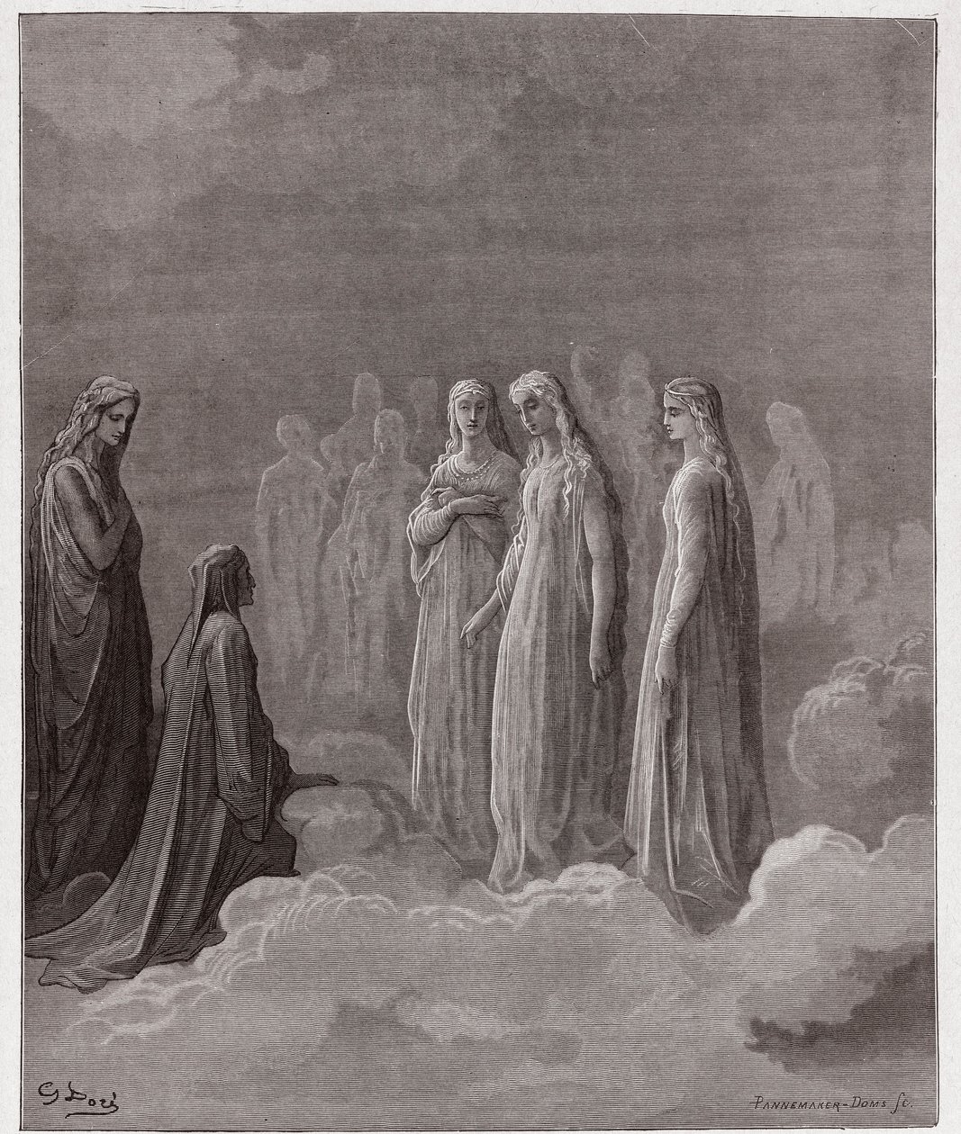 Božská komedie (La Divina Comedia, La Divine Comedie), Paradiso, Canto 3: První říše: Piccarda Donati a duše, jejichž sliby byly porušeny - Dante Alighieri (1265-1321) - Ilustrace Gustave Dore (1832-1883 ) od Gustave Dore