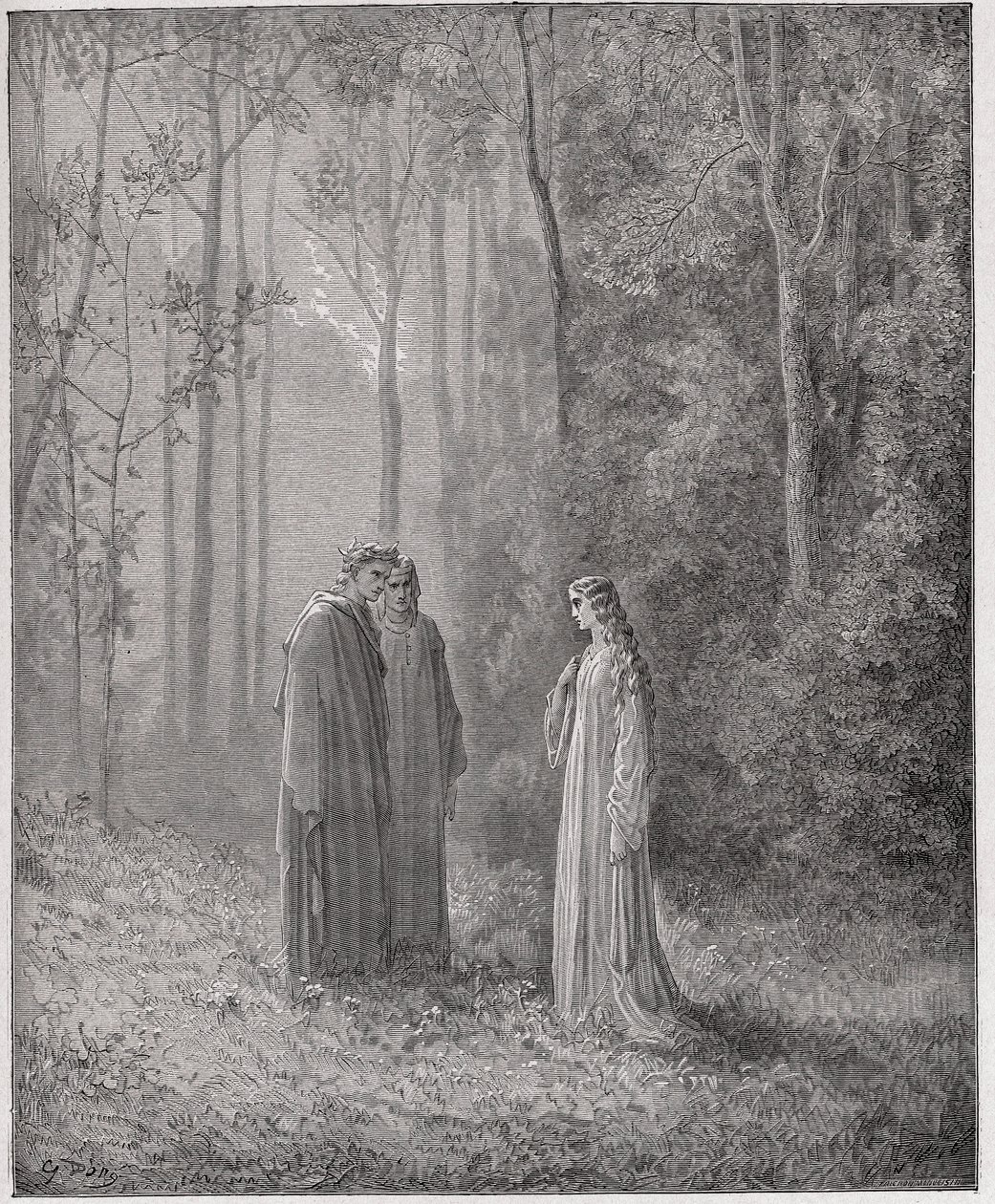 Božská komedie (La Divina Comedia, La Divine Comedie), Purgatorio, Canto 5: Dante mluví s Pia de Tolomei (Tolommei) - od Dante Alighieri (1265-1321) - ilustrace Gustave Dore (1832-1883) od Gustave Dore