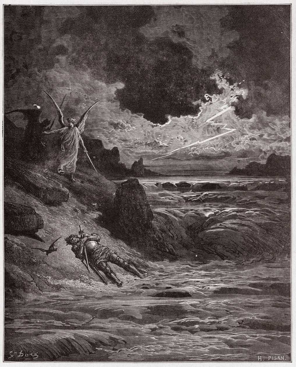 Božská komedie (La Divina Comedia, La Divine Comedie), Purgatorio, Canto 5: Tělo Buonconte da Montefeltro v Arno - od Dante Alighieri (1265-1321) - ilustrace Gustave Dore (1832-1883) od Gustave Dore