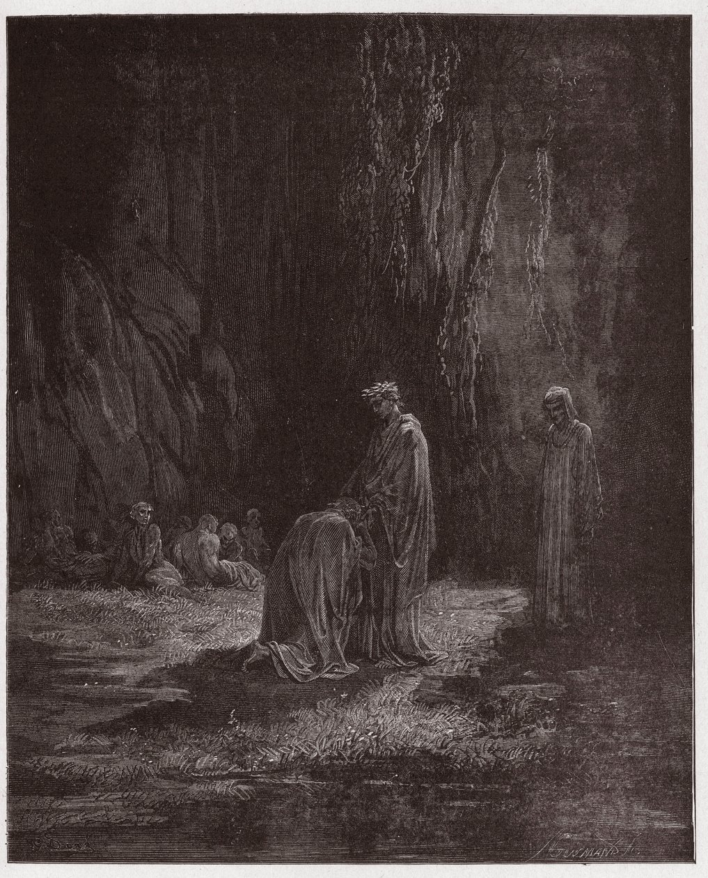 Božská komedie (La Divina Comedia, La Divine Comedie), Purgatorio, Canto 7: Básník Sordello, užaslý, klečí před Virgilem - Dante Alighieri (1265-1321) - Ilustrace Gustave Dore (1832-1883) od Gustave Dore