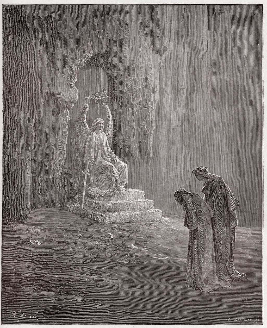 Božská komedie (La Divina Comedia, La Divine Comedie), Purgatorio, Canto 9: Dante a Virgil u portálů očistce - od Dante Alighieri (1265-1321) - ilustrace Gustave Dore (1832-1883) od Gustave Dore