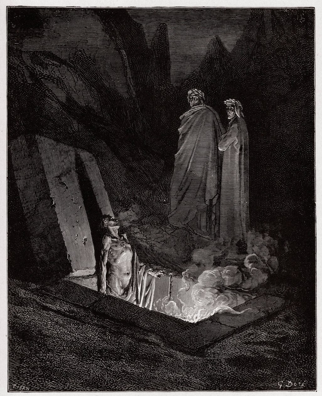 Božská komedie (La Divina Commedia, La Divine Comedie), Inferno, Canto 10: Farinata degli Uberti oslovuje Danteho - od Dante Alighieri (1265-1321) - Ilustrace Gustave Dore (1832-1883) od Gustave Dore