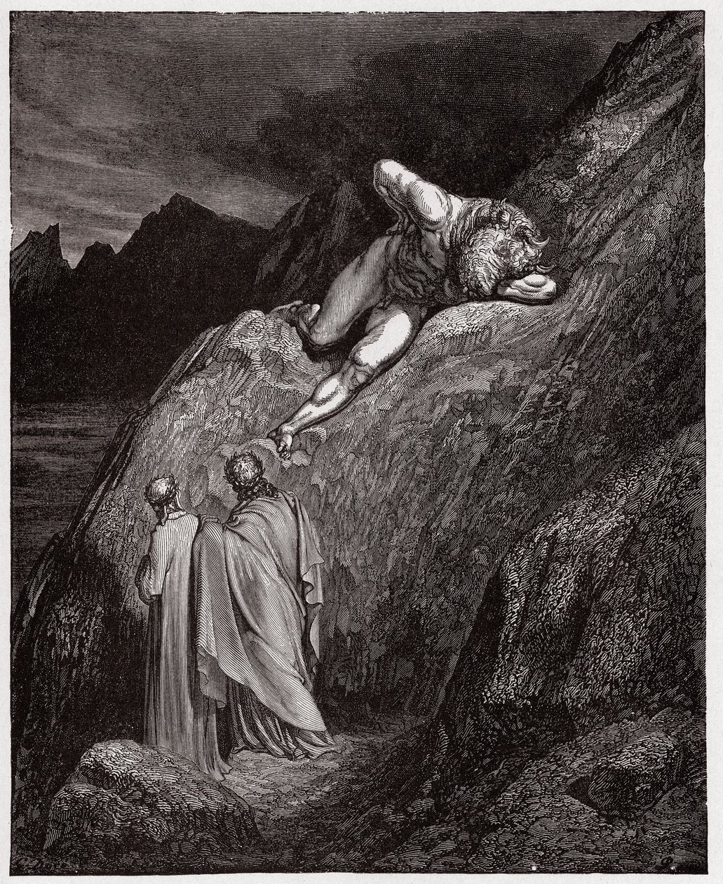 Božská komedie (La Divina Commedia, La Divine Comedie), Inferno, Canto 12: Minotaurus na rozbitém útesu - Dante Alighieri (1265-1321) - Ilustrace Gustave Dore (1832-1883) od Gustave Dore
