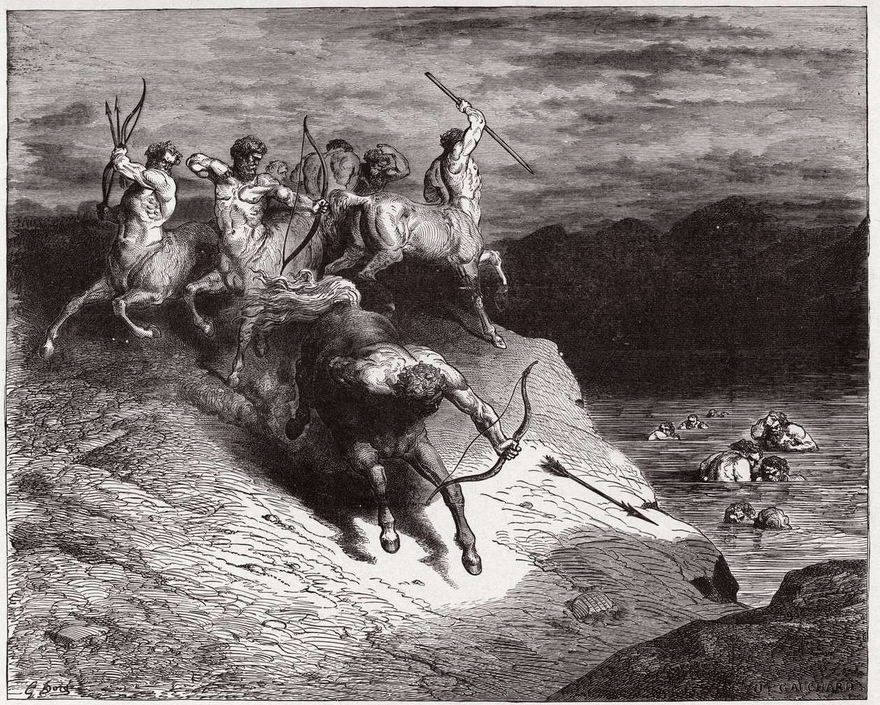 Božská komedie (La Divina Commedia, La Divine Comedie), Inferno, Canto 12: Kentauři útočí na duše ve vroucí krvi - Dante Alighieri (1265-1321) - Ilustrace Gustave Dore (1832-1883) od Gustave Dore