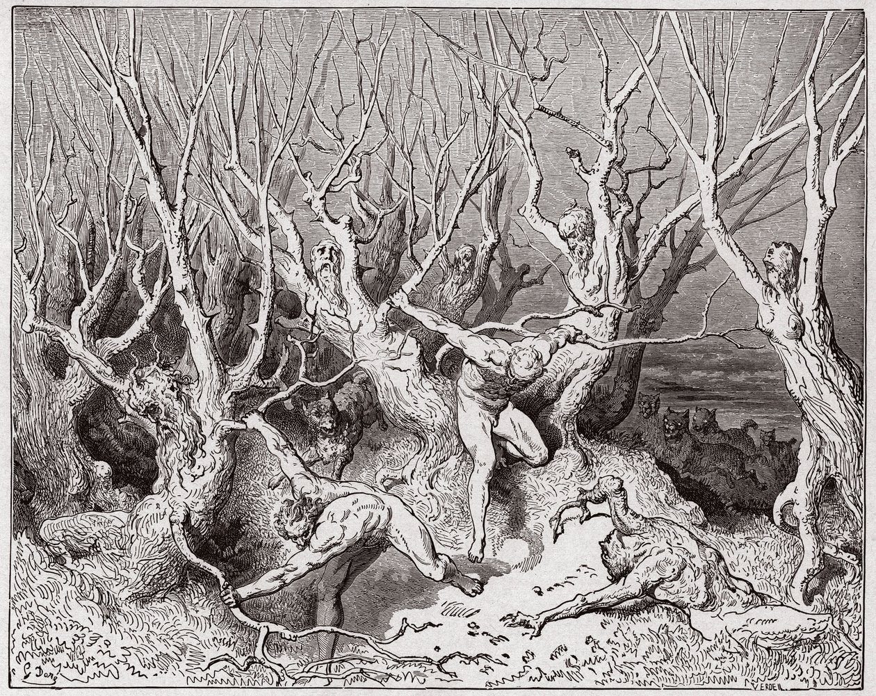 Božská komedie (La Divina Commedia, La Divine Comedie), Inferno, Canto 13: Sebevraždy prchají z lesa - Dante Alighieri (1265-1321) - Ilustrace Gustave Dore (1832-1883) od Gustave Dore