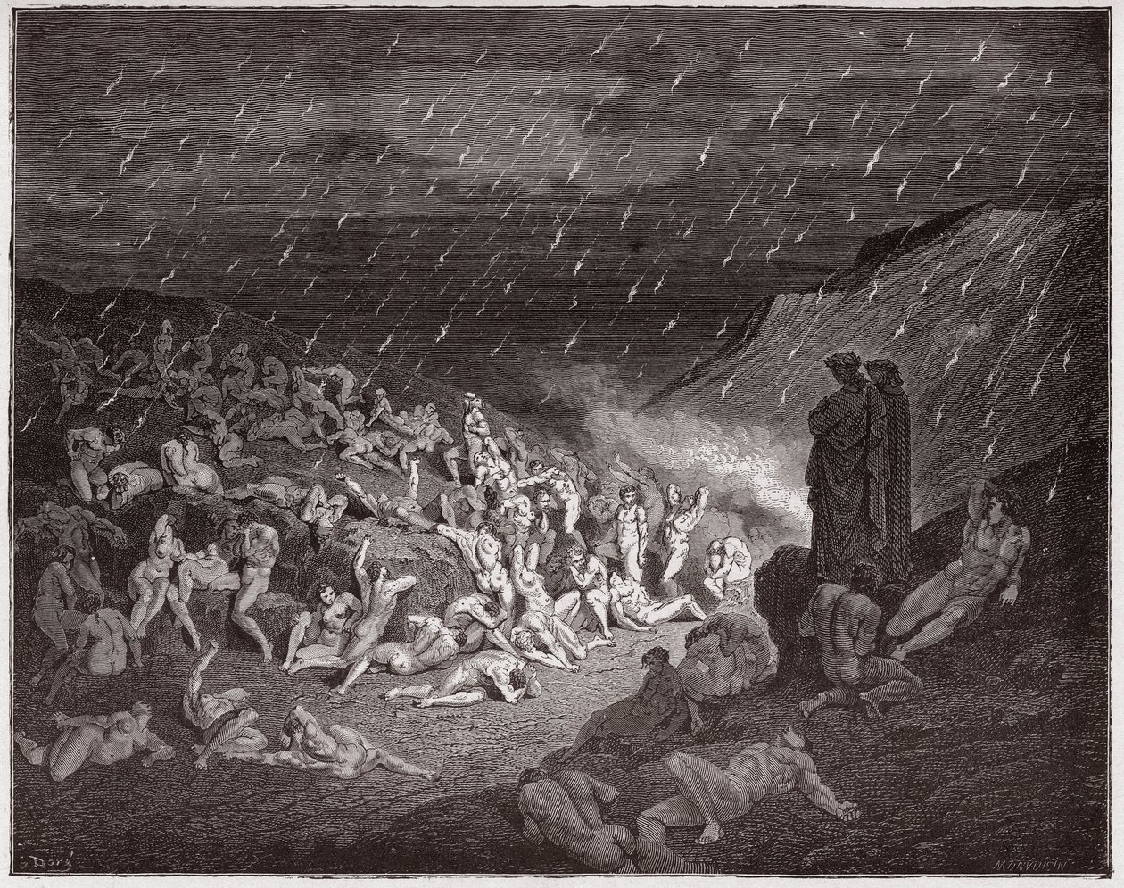 Božská komedie (La Divina Commedia, La Divine Comedie), Inferno, Canto 14: Násilník, mučený v dešti ohně - Dante Alighieri (1265-1321) - Ilustrace Gustave Dore (1832-1883) od Gustave Dore