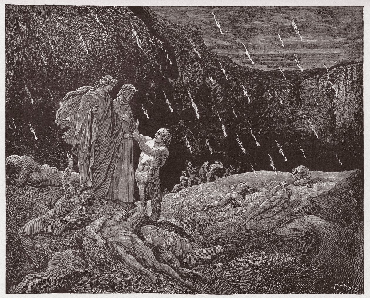 Božská komedie (La Divina Commedia, La Divine Comedie), Inferno, Canto 15: Brunetto Latini accosts Dante - od Dante Alighieri (1265-1321) - ilustrace Gustave Dore (1832-1883) od Gustave Dore